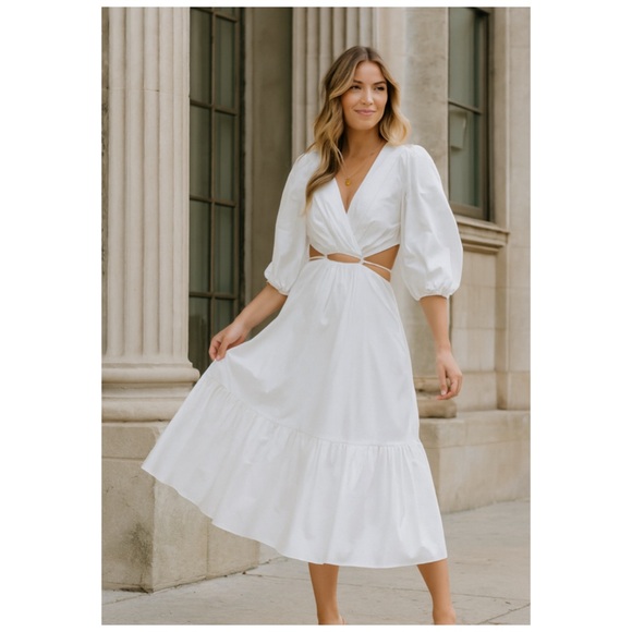 ASTR White Cutout Surplice Midi Dress Puff Sleeve Resort Vacation L NWT - Picture 2 of 14